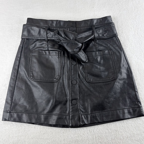 Tgla Dresses & Skirts - tgla Black Vegan Leather Button Front Tie Waist Mini Skirt Size Small